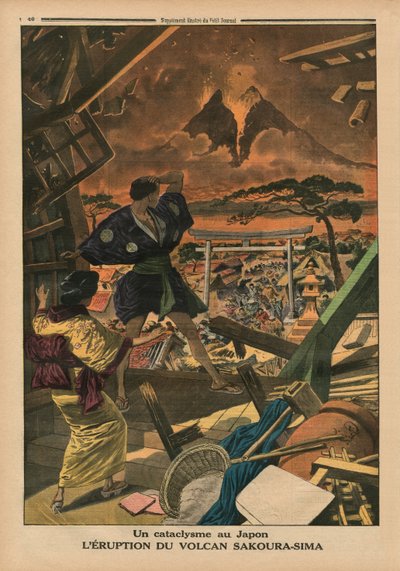 Un cataclysme au Japon, éruption du volcan Sakura-jima, illustration de couverture de 